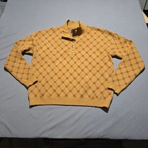 Ellandemm Monogram Knit Sweater  XL womens Tan Gold Button Mock Neck
